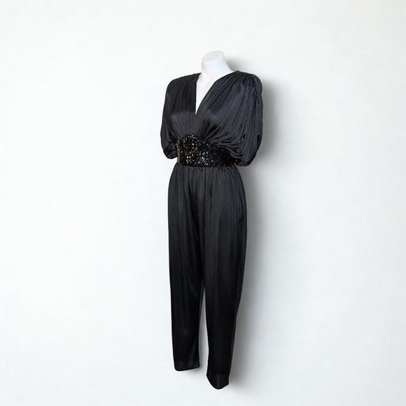 RARE and Amazing 80's Vintage Disco Glam Black Sequin Jumpsuit - Picture 1 of 14